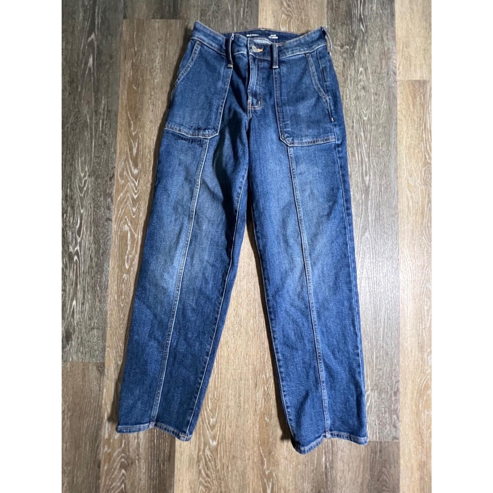 Old Navy OG Loose Jeans Womens 4 Blue High Rise Patch Pocket Straight Leg Seam